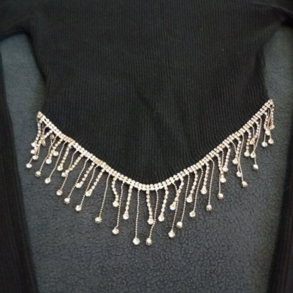 Top With Rhinestone Fringe Hem Black Ribbed Long-Sleeve Womens - Picture 6 of 9